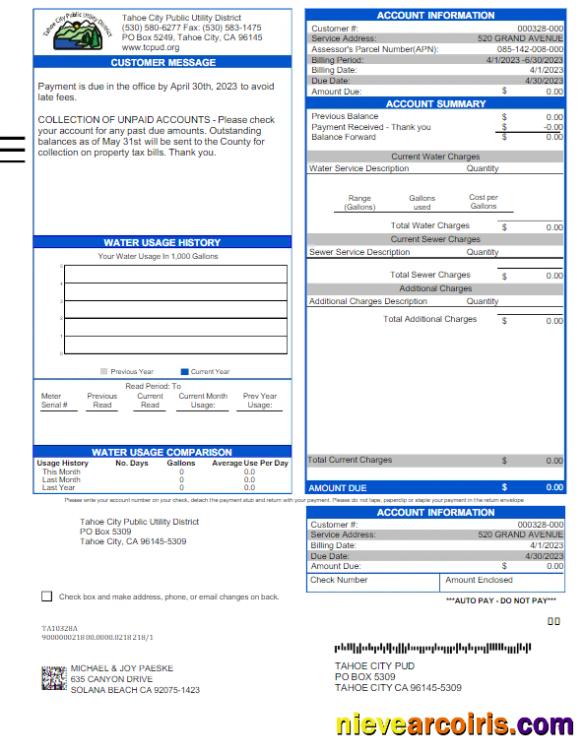 USA TAHOE CITY PUBLIC UTILITY utility bill